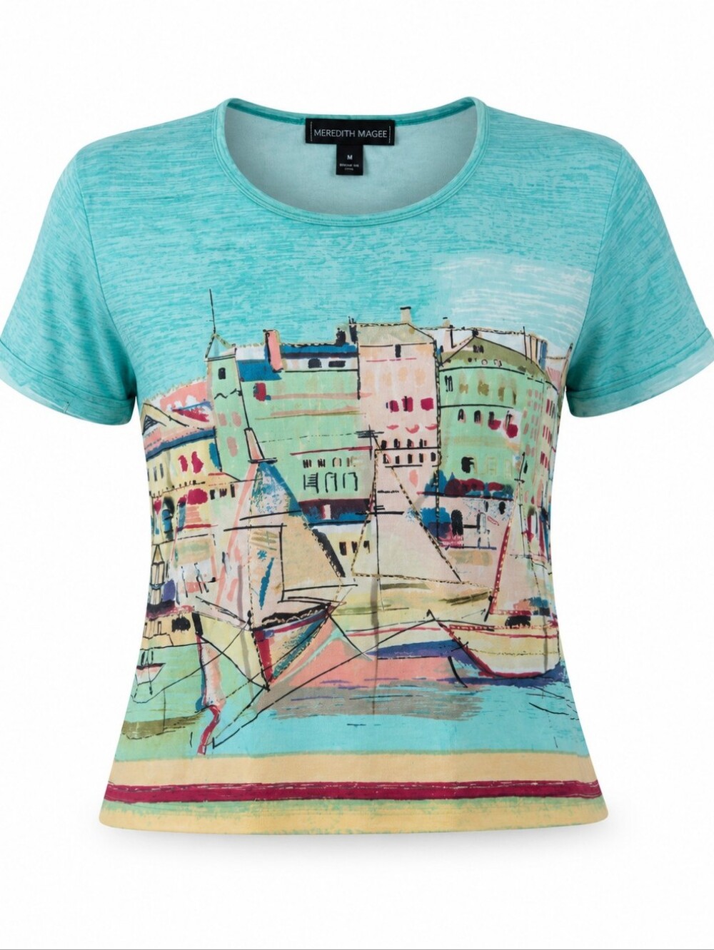 Mirror Image Cotton Seaside Harbor Scene Illustration Short Sleeve Women's Top M